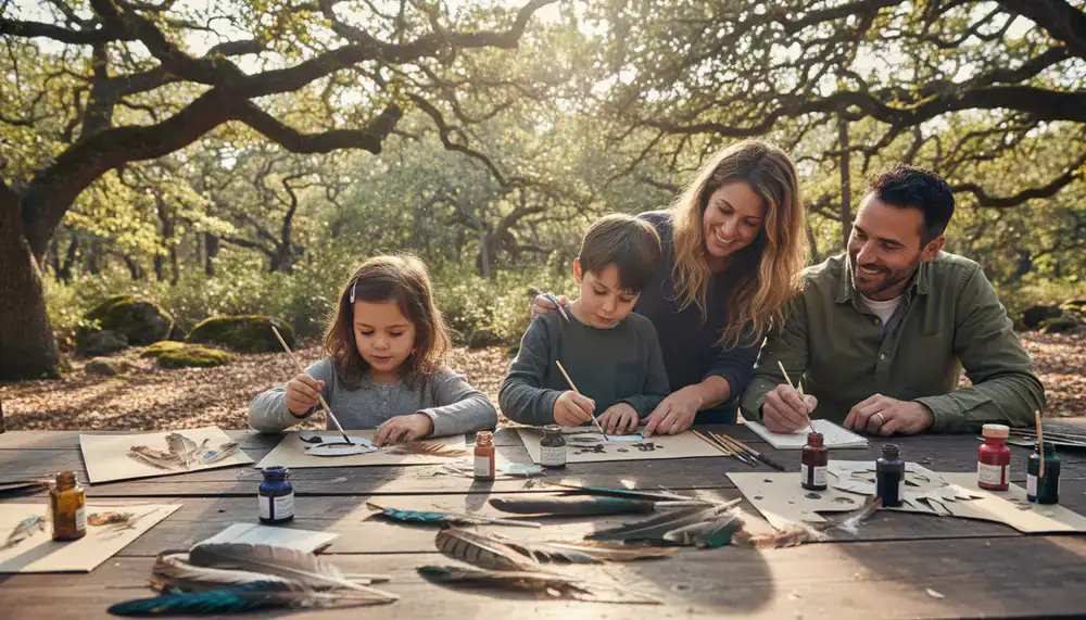 Family creating art using naturally fallen feathers