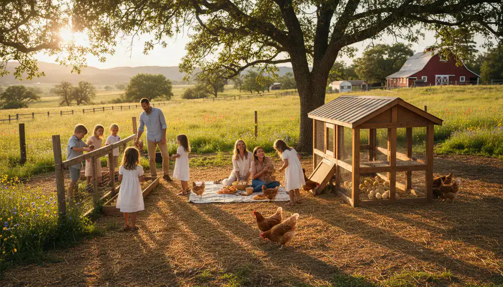 Families enjoying a sunny day of activities at the chicken farm