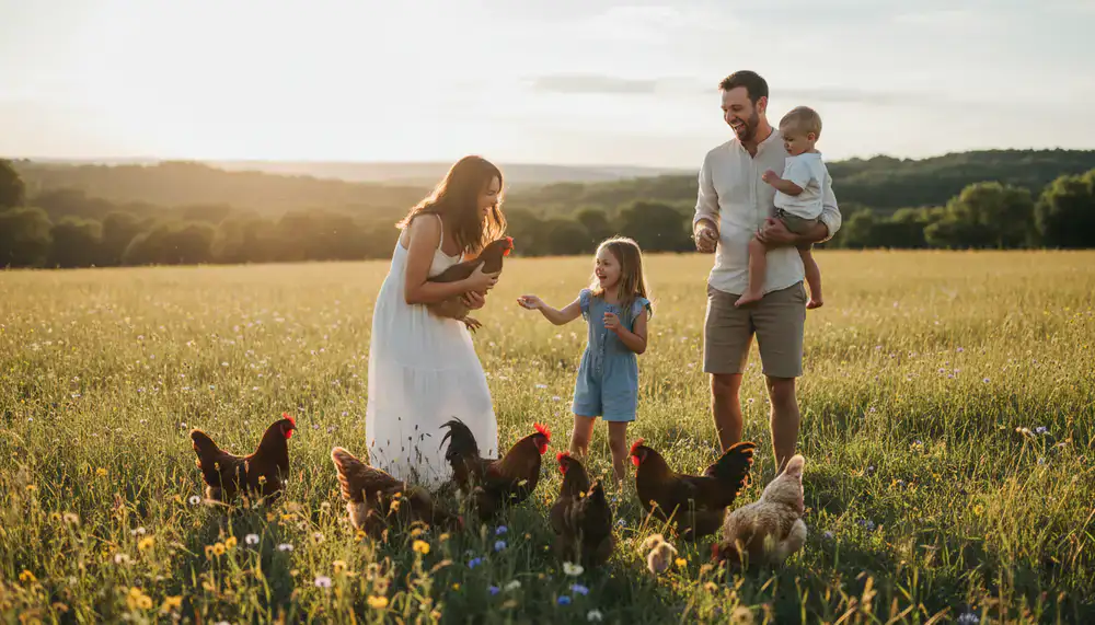 A family joyfully interacting with chickens in a sunny meadow