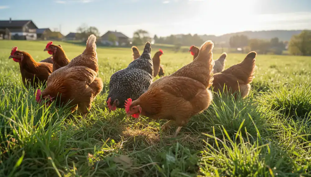Group of children and parents feeding chickens in a sunny meadow